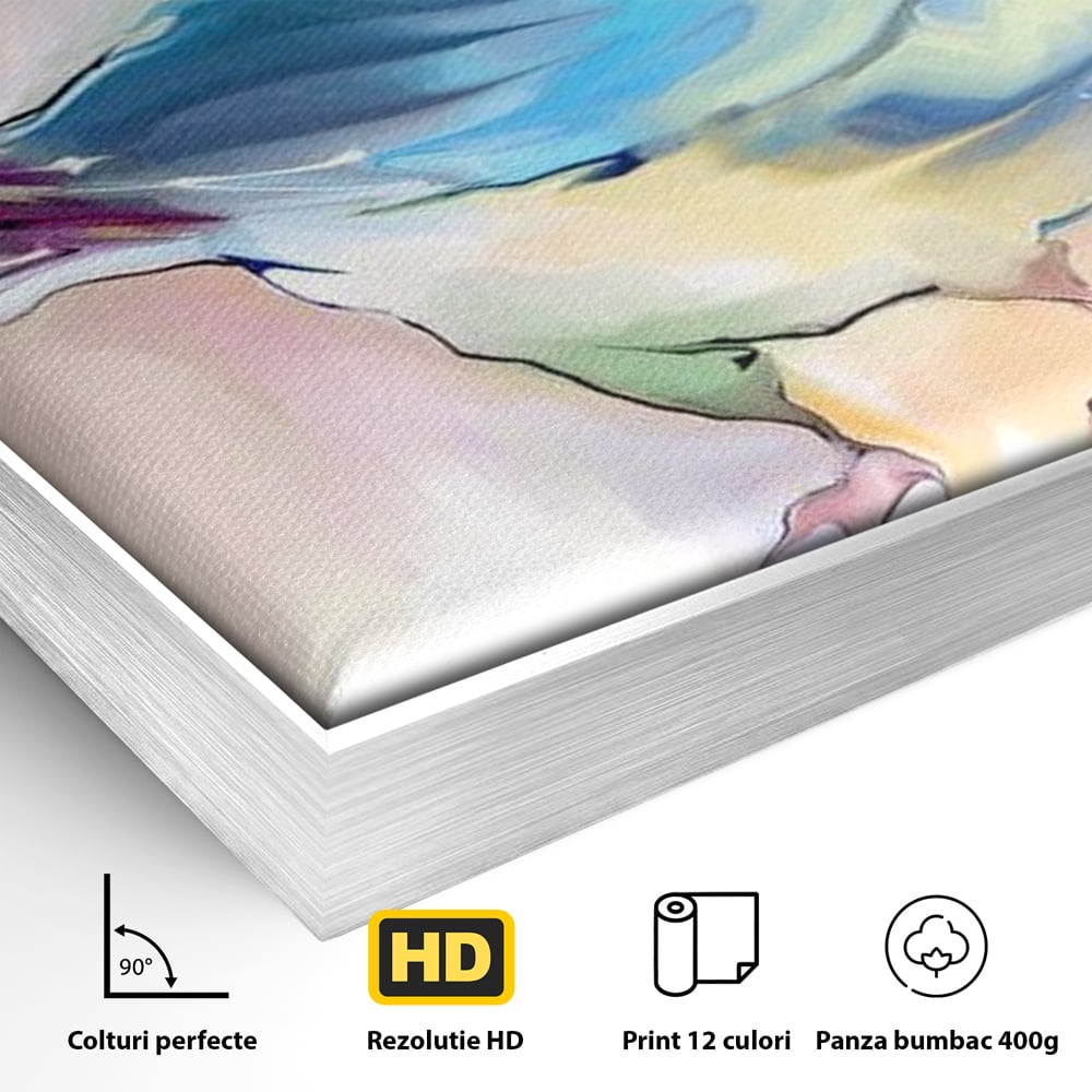 Detaliu al suprafetei: tablou canvas cu pasare colorata in acuarela, in rama de aluminiu argintiu